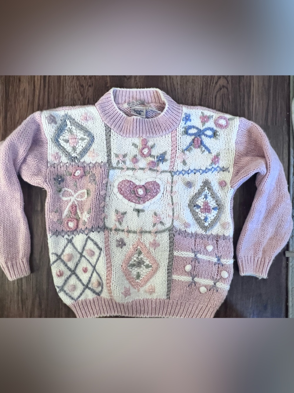 Women's Pink Patchwork Knit Sweater vintage 1980s 3d sweater cottagecore knit